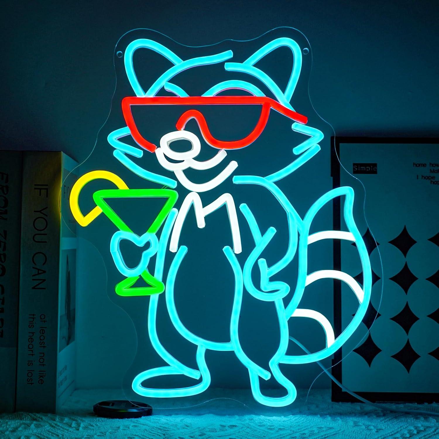 Home Bar Lounge - Rakun Güneş Gözlüğüyle Kokteyl Neon Tabela